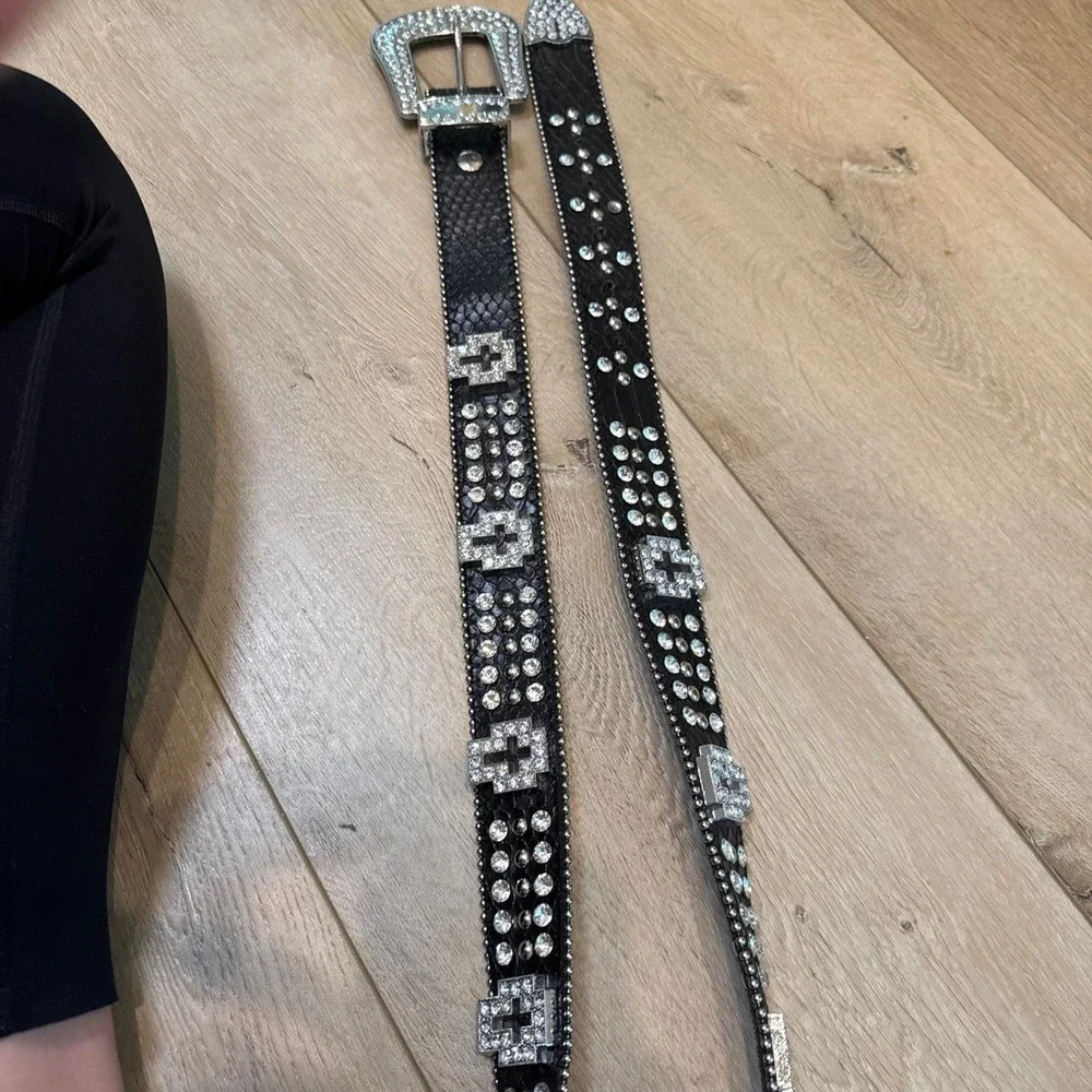 Black leather studded belt with rhinestones